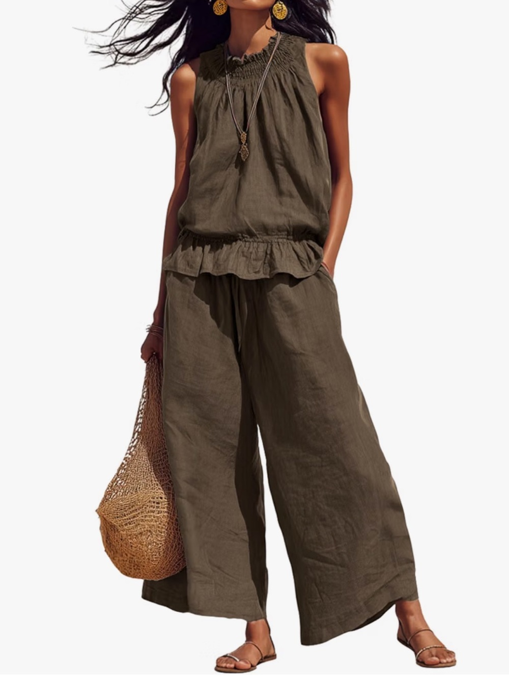 Women’s Brown Smocked Top and  Wide-Leg Pants Set- NWT - Size M